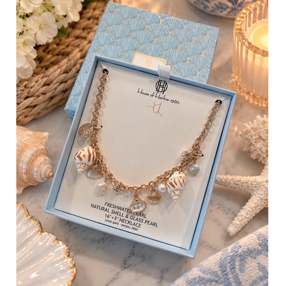 House of Harlow 1960 Natural Shell Freshwater Pearl Gold Charm Necklace NIB